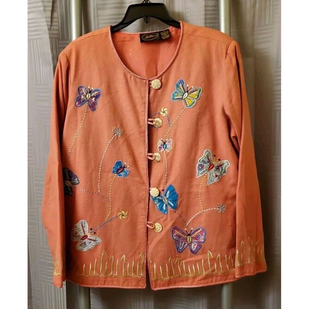 Allure Butterfly Embroidered Button Shirt Jacket Lined Pink Sz Large